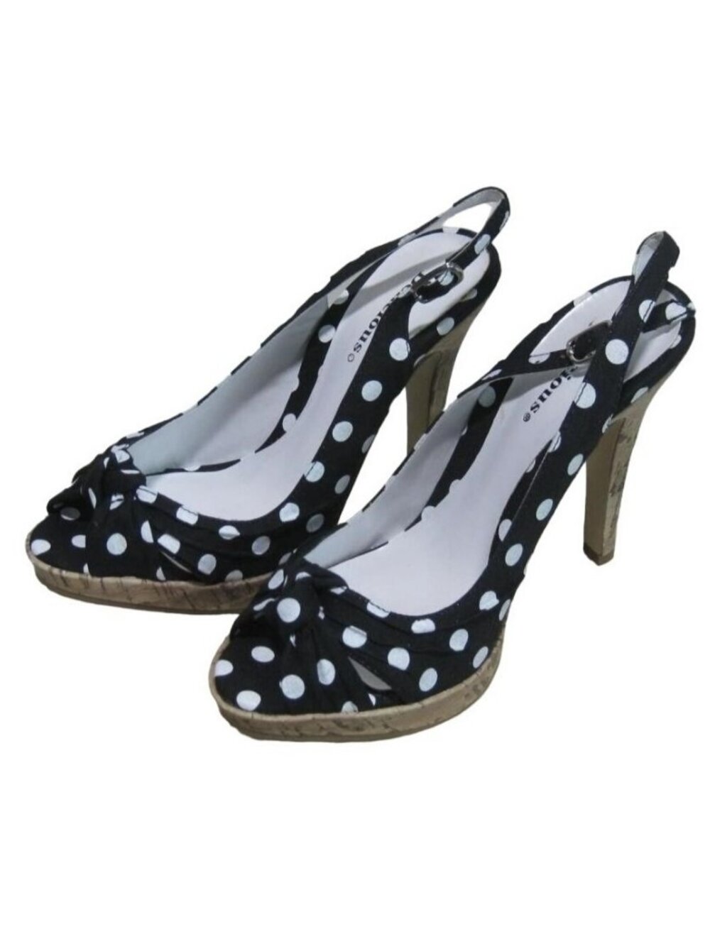 Delicious Navy & White Polka Dot Fabric Slingback Bow Adorned Strappy Cork Heels